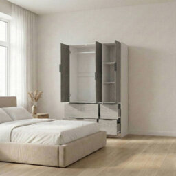 Urbn-Living Urbnliving 3 Door Wardrobe With 4 Drawers Wooden Bedroom Storage Cupboard With Hanging Rail For Clothes - White Unit & Cedar Gre - thumbnail 3