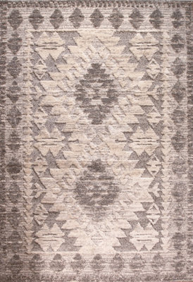 Loomed Contemporary Grey White Bordered Geometric Plush Scandi Area Rug 80X150Cm - image 1