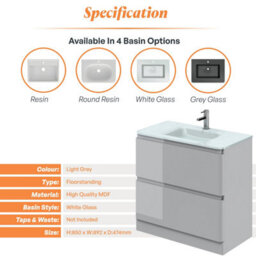 Plum&clay Marvel Gloss Light Grey Floor Standing Bathroom Vanity Unit With White Glass Basin (W)900mm - thumbnail 5