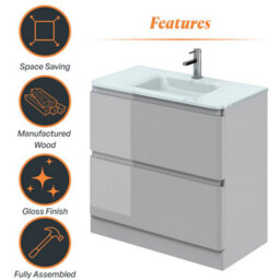 Plum&clay Marvel Gloss Light Grey Floor Standing Bathroom Vanity Unit With White Glass Basin (W)900mm - thumbnail 6