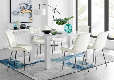 Furniturebox Uk Pivero 6 White Dining Table And 6 Cream Pesaro Silver Leg Chairs - image 1