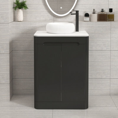 Royal Bathrooms Venice 600mm Matt Nocturne Black Freestanding Bathroom Countertop Vanity Unit 2 Door With Milan Basin