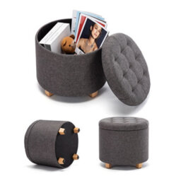 Hnnhome 45Cm Round Linen Padded Seat Ottoman Storage Stool Box, Footstool Pouffes Chair With Lids (Charcoal) - thumbnail 4