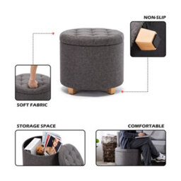 Hnnhome 45Cm Round Linen Padded Seat Ottoman Storage Stool Box, Footstool Pouffes Chair With Lids (Charcoal) - thumbnail 2