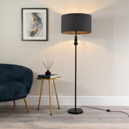 Valuelights Marissa Matt Black Stacked Ball Floor Lamp With Charcoal Grey Drum Shade - thumbnail 1