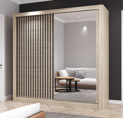 Fhi Kingston 203Cm Oak Sliding Door Wardrobe Modern Bedroom Storage With Full Length Mirror Shelves And Hanging Rails - image 1