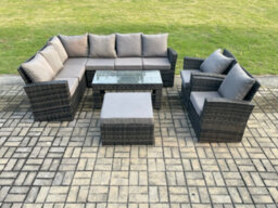 Fimous Outdoor Furniture Garden Dining Set Rattan Corner Sofa Set With 2 Armchairs Big Footstool Dark Grey Mixed - thumbnail 2