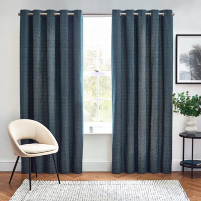furn. Harris Blue Herringbone Chenille Lined Eyelet Curtains (W)167Cm (L)228Cm, Pair - image 1