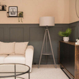 Valuelights Morrigan Grey Wood Shelf Tripod Floor Lamp With Drum Shade - thumbnail 5