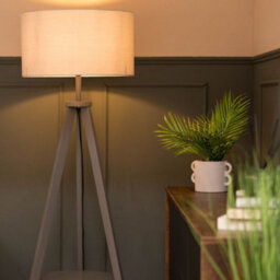 Valuelights Morrigan Grey Wood Shelf Tripod Floor Lamp With Drum Shade - thumbnail 2