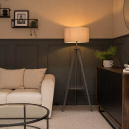 Valuelights Morrigan Grey Wood Shelf Tripod Floor Lamp With Drum Shade - thumbnail 3