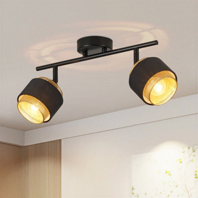 Harper Living 2 Way Ceiling Spotlights, Black & Gold, 2Xe14 40W Max, Rotation Heads, Metal Mesh & Fabric Shade - image 1