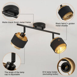 Harper Living 2 Way Ceiling Spotlights, Black & Gold, 2Xe14 40W Max, Rotation Heads, Metal Mesh & Fabric Shade - thumbnail 2