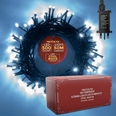 Festive Fix 50M Christmas Lights Indoor Outdoor 500 Led Cold White Fairy Lights Waterproof Mains Powered Timer 8 Modes For Xmas Decor - image 1