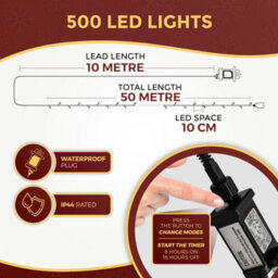 Festive Fix 50M Christmas Lights Indoor Outdoor 500 Led Cold White Fairy Lights Waterproof Mains Powered Timer 8 Modes For Xmas Decor - thumbnail 6