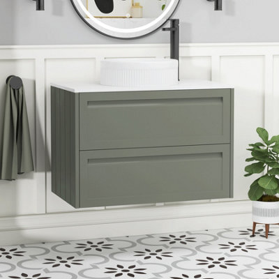 Royal Bathrooms Royal Bathroom Elmore 800mm Matt Green Wall Mounted Bathroom Vanity Unit 2 Drawer Plain White Worktop With Round Basin - image 1