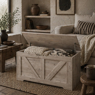 Wyld Haus Kamari 100L Grey Wood-Effect Storage Chest With Safety Hinge And Seat Lid - image 1