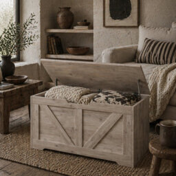 Wyld Haus Kamari 100L Grey Wood-Effect Storage Chest With Safety Hinge And Seat Lid - thumbnail 1