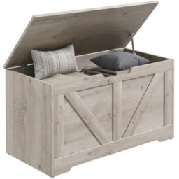 Wyld Haus Kamari 100L Grey Wood-Effect Storage Chest With Safety Hinge And Seat Lid - thumbnail 4