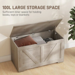 Wyld Haus Kamari 100L Grey Wood-Effect Storage Chest With Safety Hinge And Seat Lid - thumbnail 6