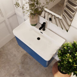 Balterley Dunwood Modern Bathroom Wall Hung 1 Drawer Vanity Unit & Ceramic Basin, Satin Blue, 800mm - thumbnail 3