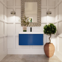 Balterley Dunwood Modern Bathroom Wall Hung 1 Drawer Vanity Unit & Ceramic Basin, Satin Blue, 800mm - thumbnail 2