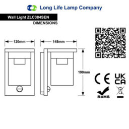 Long Life Lamps Company Outdoor Pir Wall Light Lantern Black Clear Lamp Shade Zlc384Sen With 4W Led Warm White - thumbnail 2