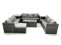 Fimous Outdoor Garden Furniture Set 8 Pieces Rattan Sofa Set With Coffee Table 3 Footstools Side Table Dark Grey Mixed - thumbnail 2