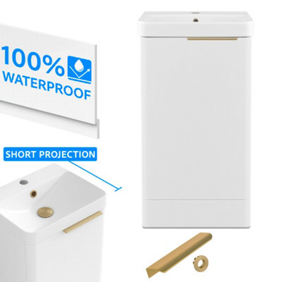 FNX Bathrooms Bathroom Cloakroom Vanity Unit Compact Basin Sink White 400mm Soft Close Cabinet - Brushed Gold Handle - image 1