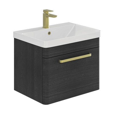 Plum&clay Emery Textured Black Wall Hung Bathroom Vanity Unit & Basin Set With Gold Handles (W)60Cm (H)46Cm - image 1