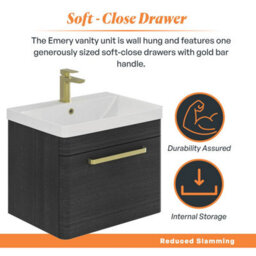 Plum&clay Emery Textured Black Wall Hung Bathroom Vanity Unit & Basin Set With Gold Handles (W)60Cm (H)46Cm - thumbnail 4
