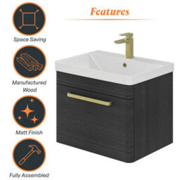 Plum&clay Emery Textured Black Wall Hung Bathroom Vanity Unit & Basin Set With Gold Handles (W)60Cm (H)46Cm - thumbnail 6