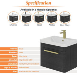 Plum&clay Emery Textured Black Wall Hung Bathroom Vanity Unit & Basin Set With Gold Handles (W)60Cm (H)46Cm - thumbnail 5