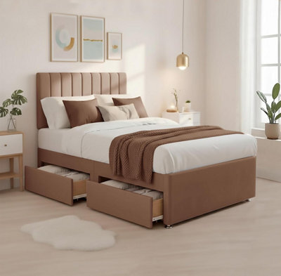 "3Ft Luxury Mink Plush Divan Single Bed Frame With Mattress, 20"" Vertical Line Headboard, Bed With 2 Storage Drawers" - image 1