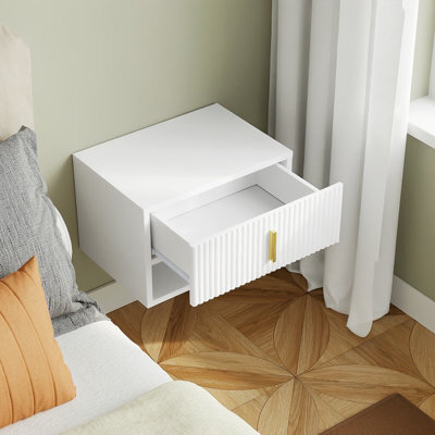 Bedside Table White Floating Unit With Led Motion Sensor Light & 1 Drawer & 1 Shelf,sobuy Fbt176-E-W