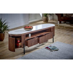 Ancient Mango Wood Large Tv Stand With Marble Top & Metal Legs - thumbnail 3