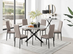 Furniturebox Novara Grey Concrete Effect 120Cm Round Dining Table With Black Starburst Legs & 6 Beige Milan Faux Leather Chairs