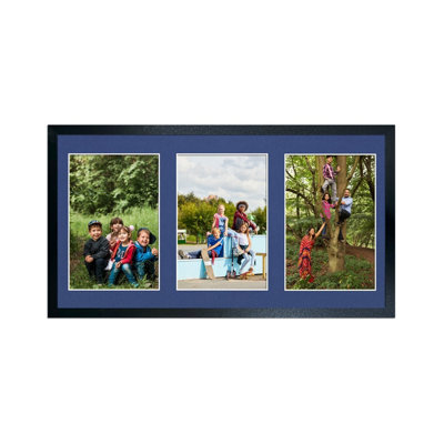 AK Frames 40X20Cm Black Sleek Multi Photo Frame With Blue Mount - Holds 3 Apertures (3X) 6X4 Photos - image 1