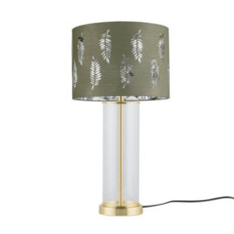 First Choice Lighting Aura - Satin Brass Table Lamp With Sage Green Fern Silver Shade