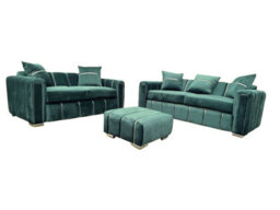 Monaco Luxe Emerald Green Velvet / 3+2 Seater Sofa Set With Footstool / With Chrome Detailing