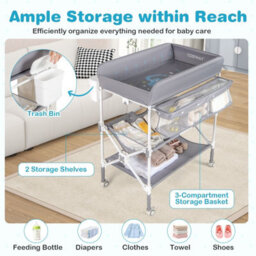 Costway Baby Changing Table Folding Diaper Changing Station With Wheels For Newborn And Infant-Grey - thumbnail 4