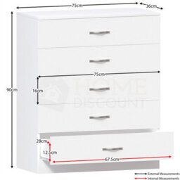 White Modern Chest Of Drawers Bedside Table Cabinet 5 Drawer Bedroom Storage - thumbnail 2