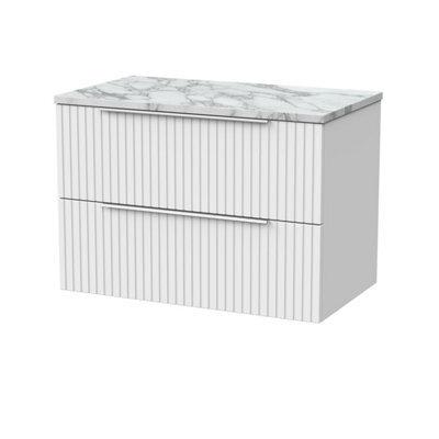 Balterley Callingwood Contemporary Wall Hung 2 Drawer Vanity Unit With Carrera Marble Laminate Worktop , 800mm, Matt White - image 1