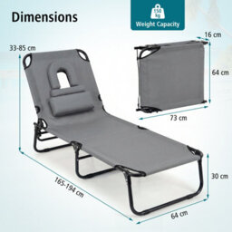 Gainoom Folding Beach Grey Sun Lounger Adjustable Face Down Tanning Chair Portable Outdoor Sunbathing Recliner - thumbnail 2