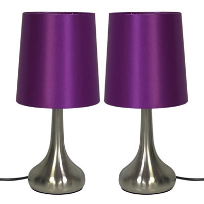 Navilux Pair Of Chrome Teardrop Touch Table Lamp With Purple Faux Silk Shade 4 Stage Dimmable For Bedroom Or Living Room - image 1