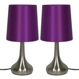 Navilux Pair Of Chrome Teardrop Touch Table Lamp With Purple Faux Silk Shade 4 Stage Dimmable For Bedroom Or Living Room