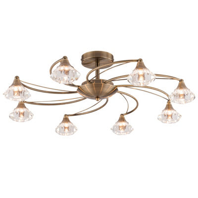 Harper Living 8 Light Semi-Flush Ceiling Light, Antique Brass Finish, Clear Glass Shades