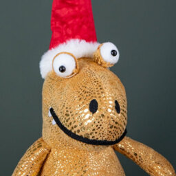 Samuel Alexander 60Cm Tall Gold Plush Zilla Dino Sitting Christmas Decoration With Santa Hat - thumbnail 6