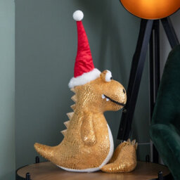 Samuel Alexander 60Cm Tall Gold Plush Zilla Dino Sitting Christmas Decoration With Santa Hat - thumbnail 3