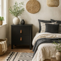 Wyld Haus Wildberry Matt Black Bedside Table 2 Drawers Leather Handles - thumbnail 2